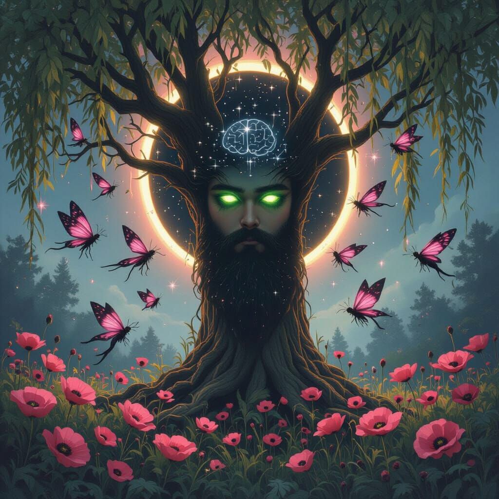 Enchanted Forest Fairies and Growing Face Under Eclipse