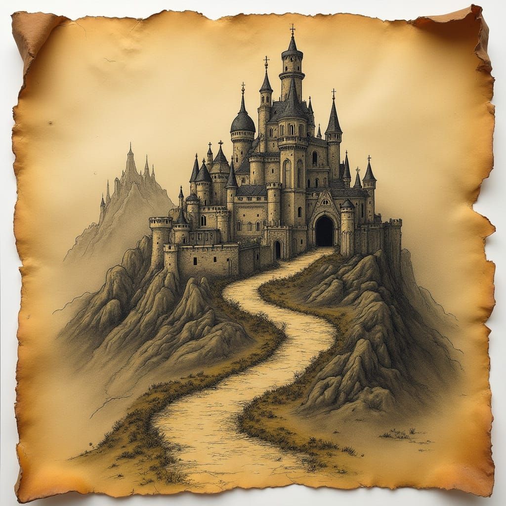Mysterious Castle Landscape, Aged Parchment Map, Beckoning A...