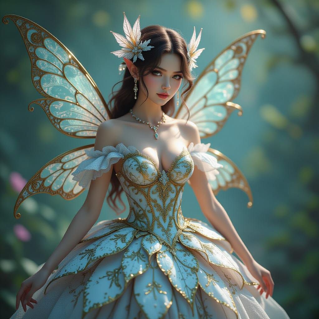 Fairy in Cracked Porcelain Dress with Gold Inlay