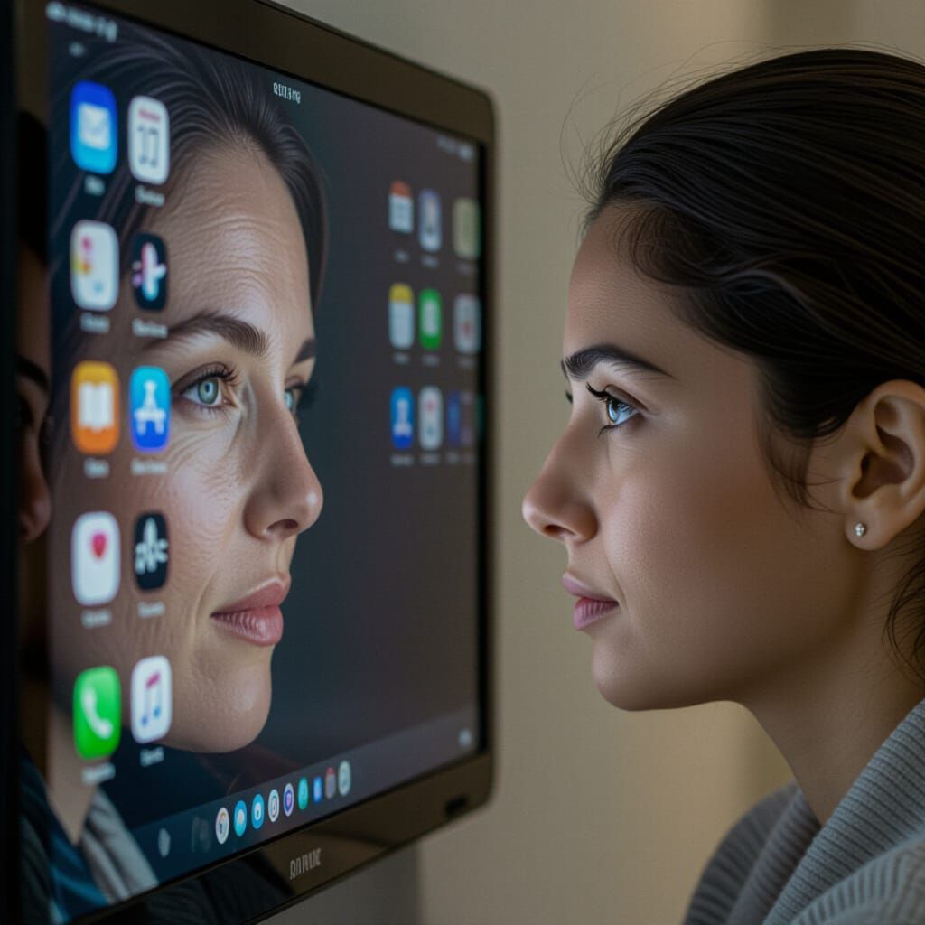 Man and Woman Reflected on Black Screen, Emotional Photograp...
