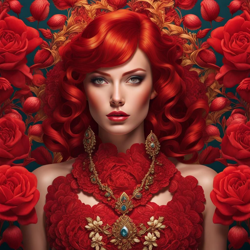 Red-Haired Woman Surrounded by Dogroses: Hyperrealistic Imag...
