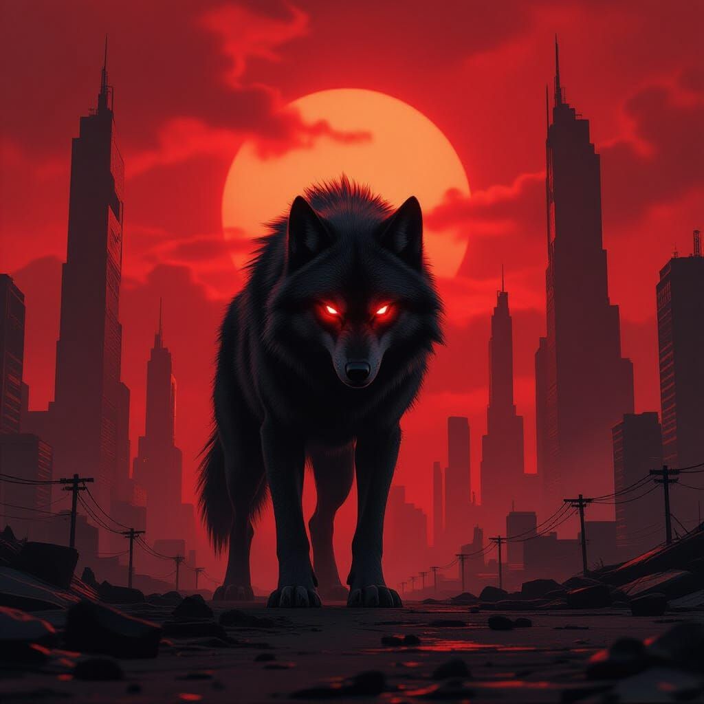 Colossal Wolf Against Alien Cityscape