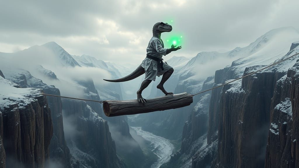 Velociraptor Karate Master Amidst Mystical Chasm
