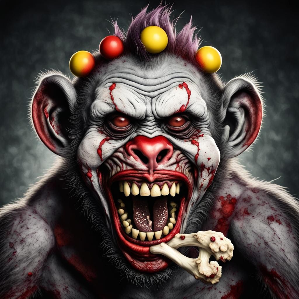 Zombie Monkey Clown Gnawing a Bone