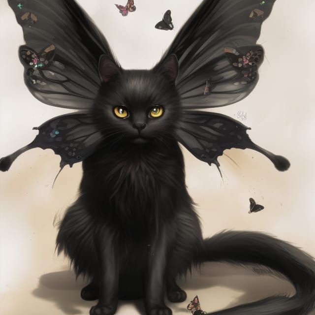 Black Cat with Butterfly Wings in Sinister Style