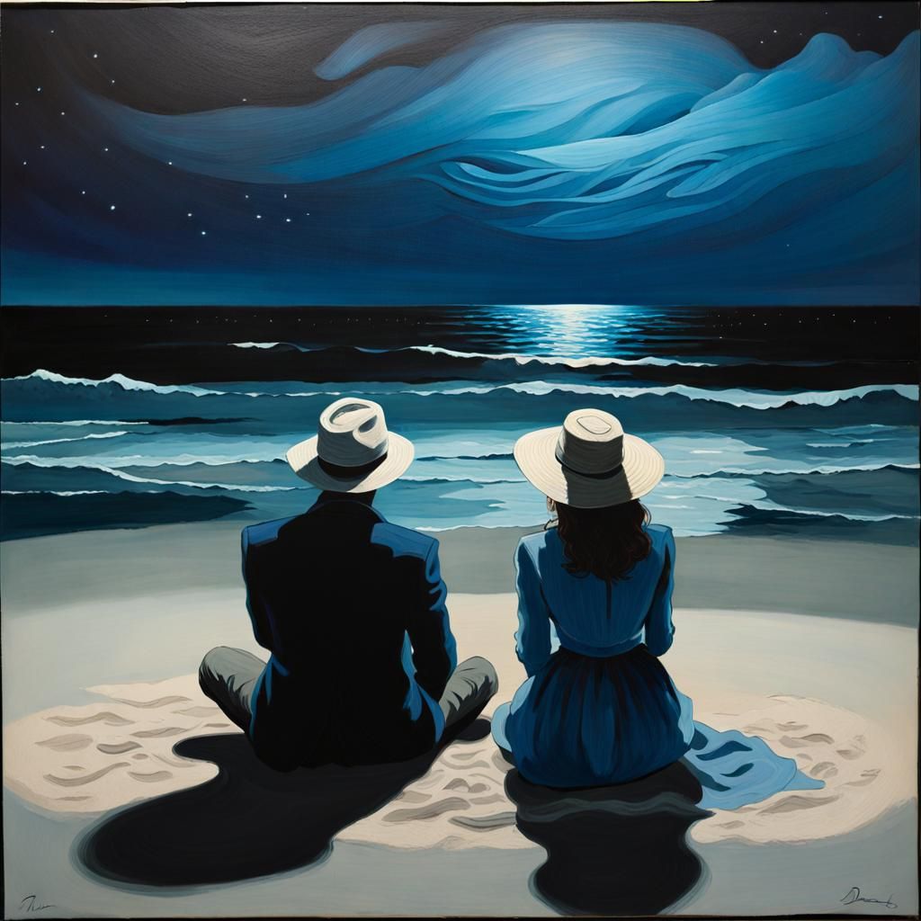 Bioluminescent Ocean Scene in Oil Painting Style