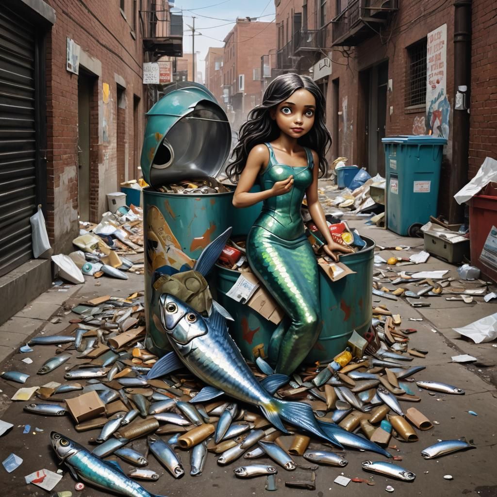 Sardine Mermaid in Urban Alley, Sinister Digital Art