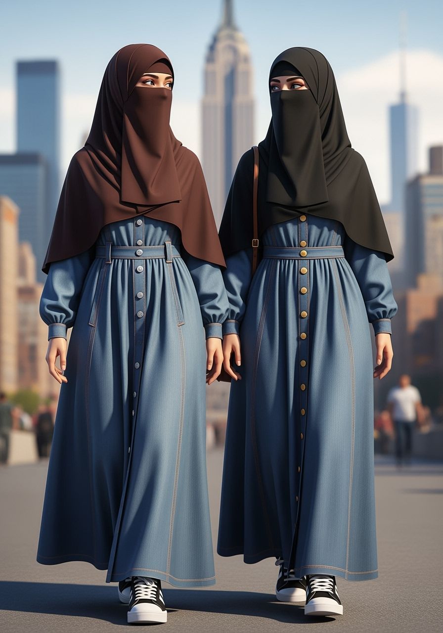 Niqabi Women in Cityscape, Digital Art Portrait