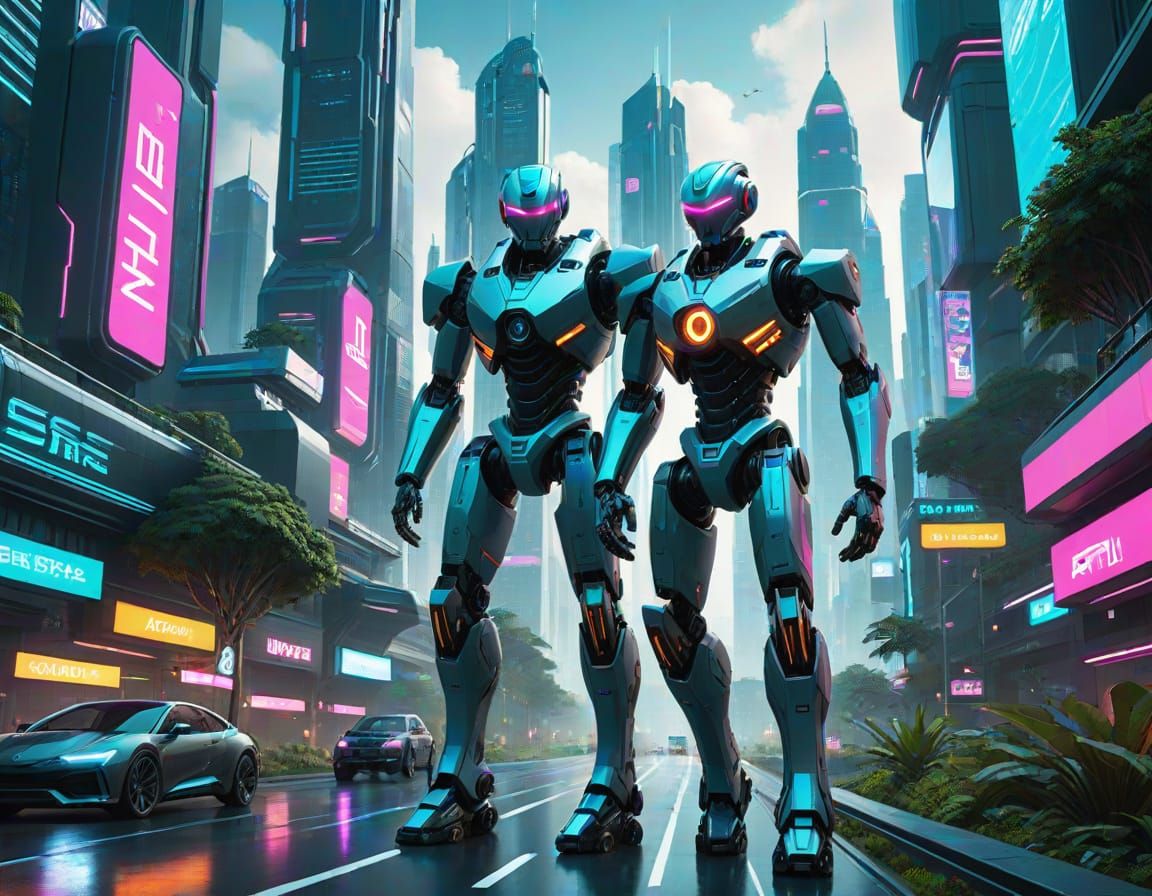 Cyberpunk Robots in Futuristic City
