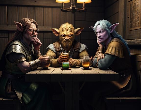 Goblins Enjoying Cocktails in Rustic Tavern: 3D Render