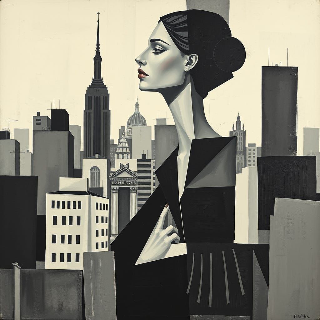 Cubist Woman in Cityscape in Picasso Style