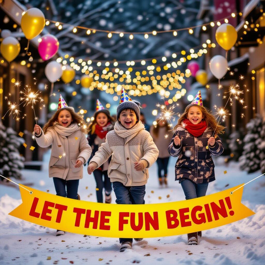Joyful Children Celebrate New Year's with Sparklers and Snow