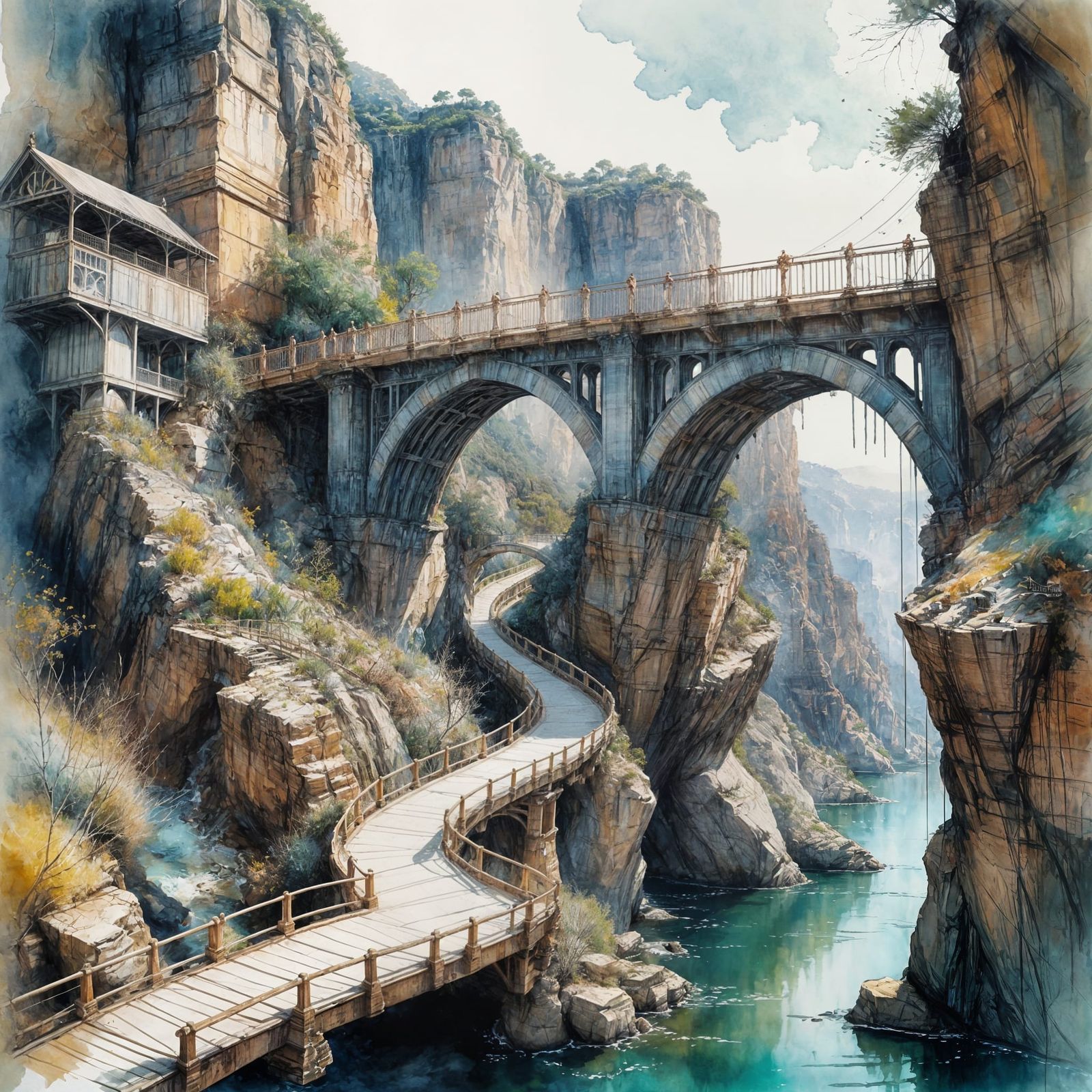 Photorealistic Bridge Over Canyon in Impasto Style
