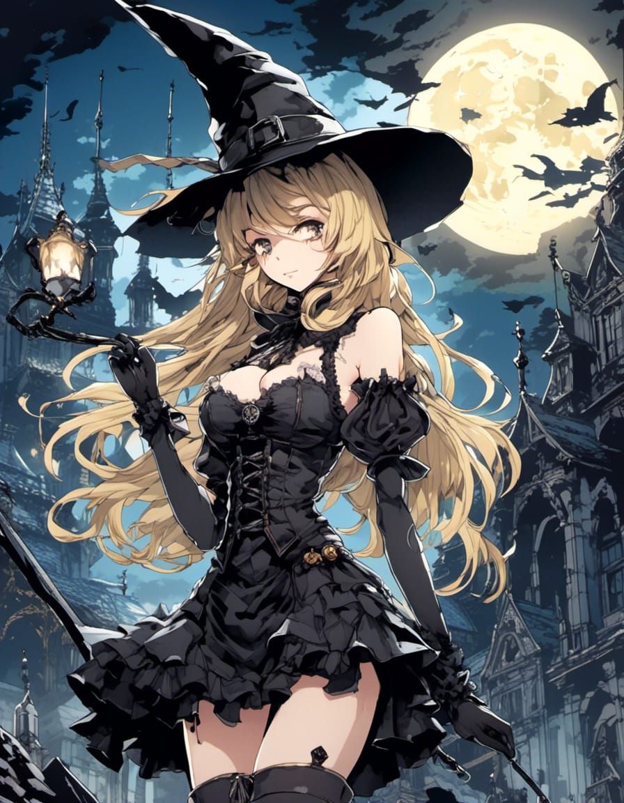 Anime Witch with Dark Magic in the Moonlight