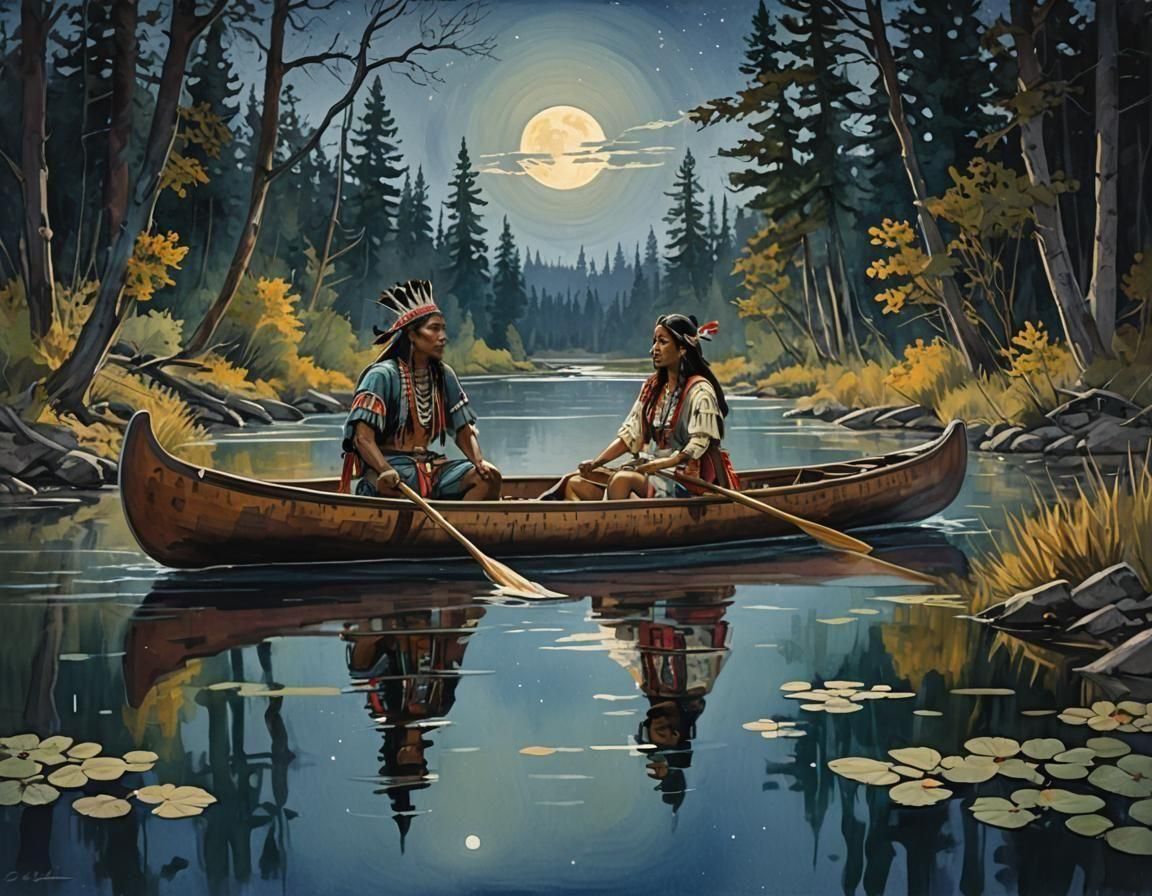 Blackfoot Lovers in Canoe: Impressionist Gouache Painting