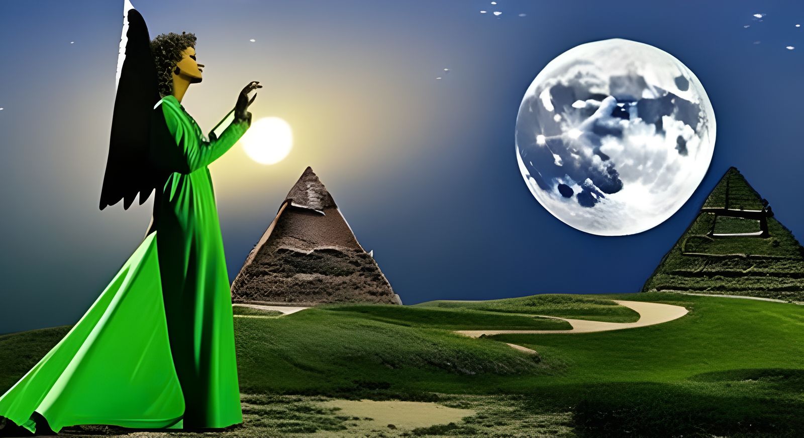 Magical Garden Scene with Dancing People and Sphinx