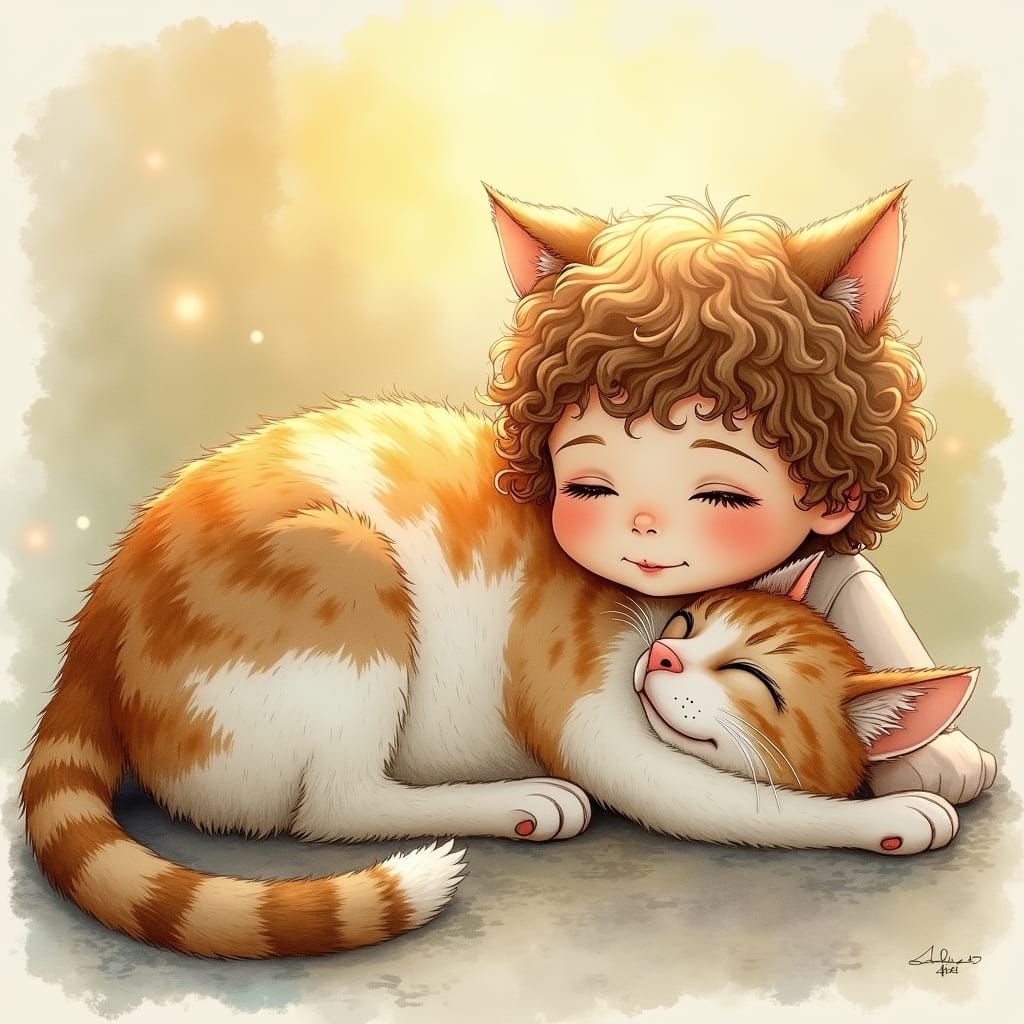 Calico Tabby Cat and Boy in Watercolor Style