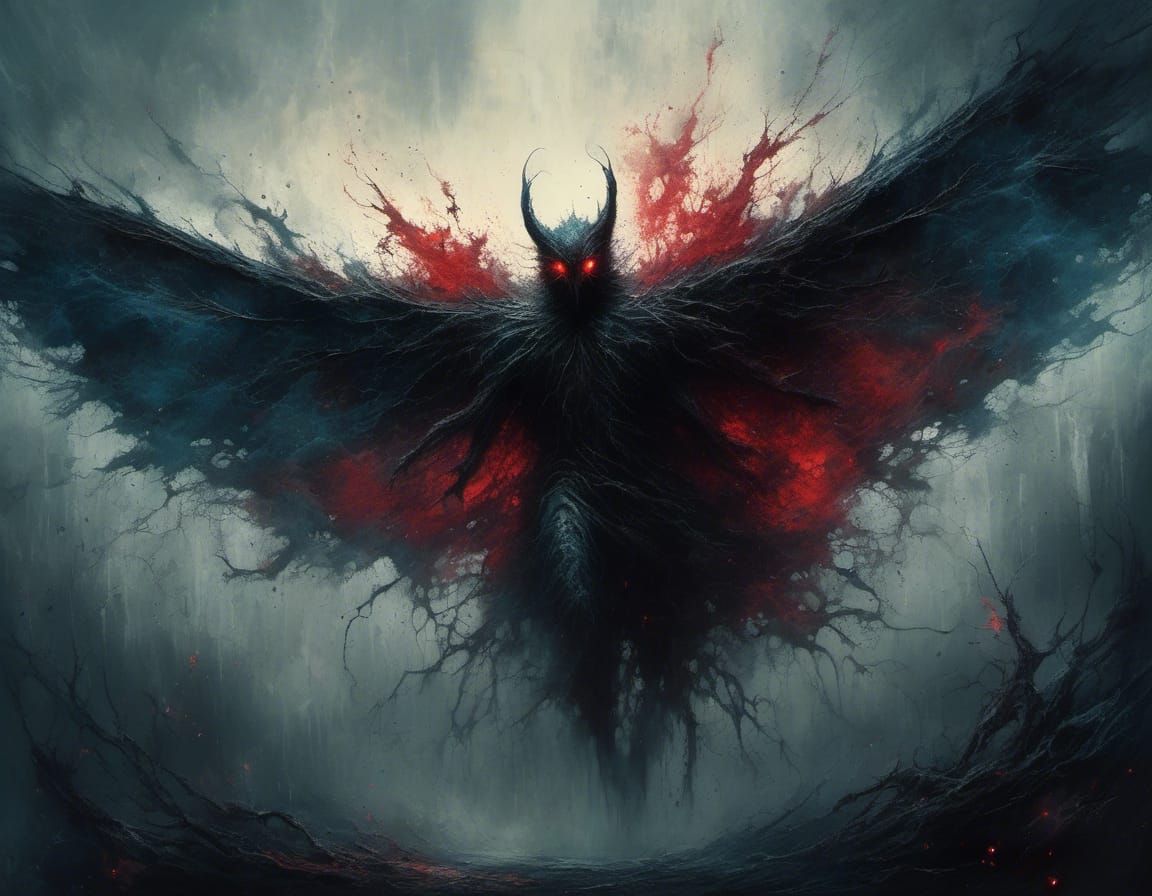 Terrifying Decaying Mothman with Glowing Red Eyes