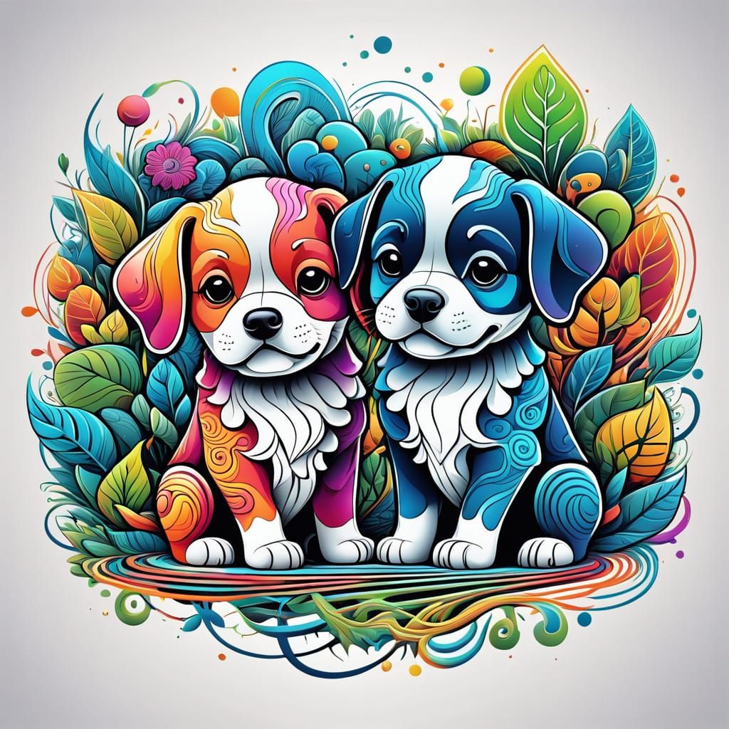 Vibrant Cartoon Puppies in a Whimsical Garden