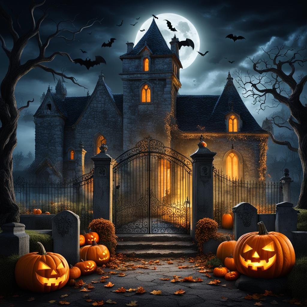 Spooky Old Manor House at Night