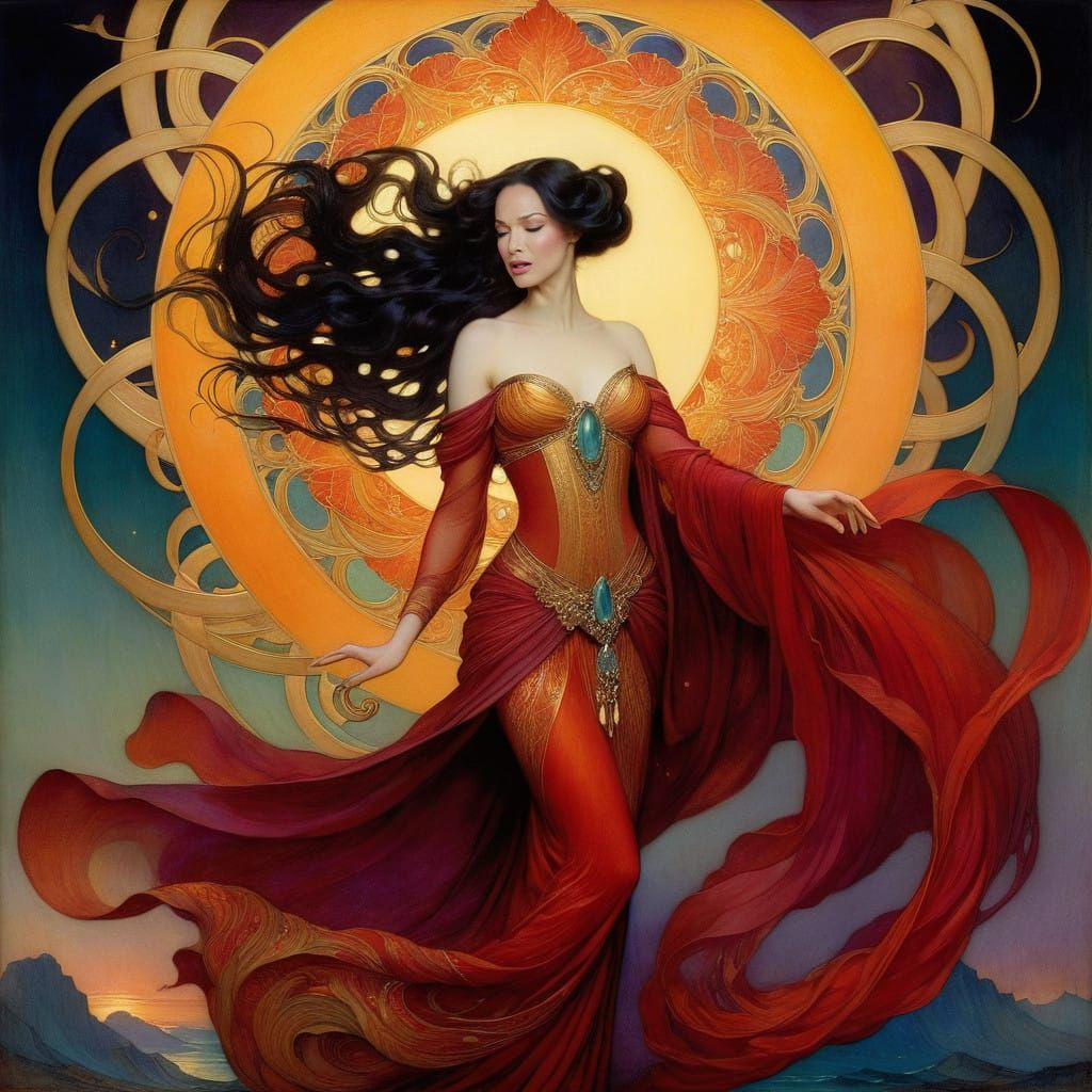 Whimsical Fire Goddess in Vintage Style