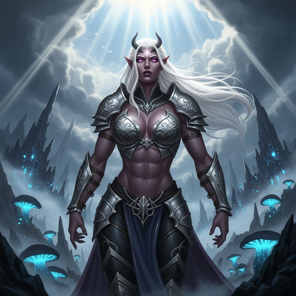Triumphant Drow Warrior in Dark Fantasy Landscape
