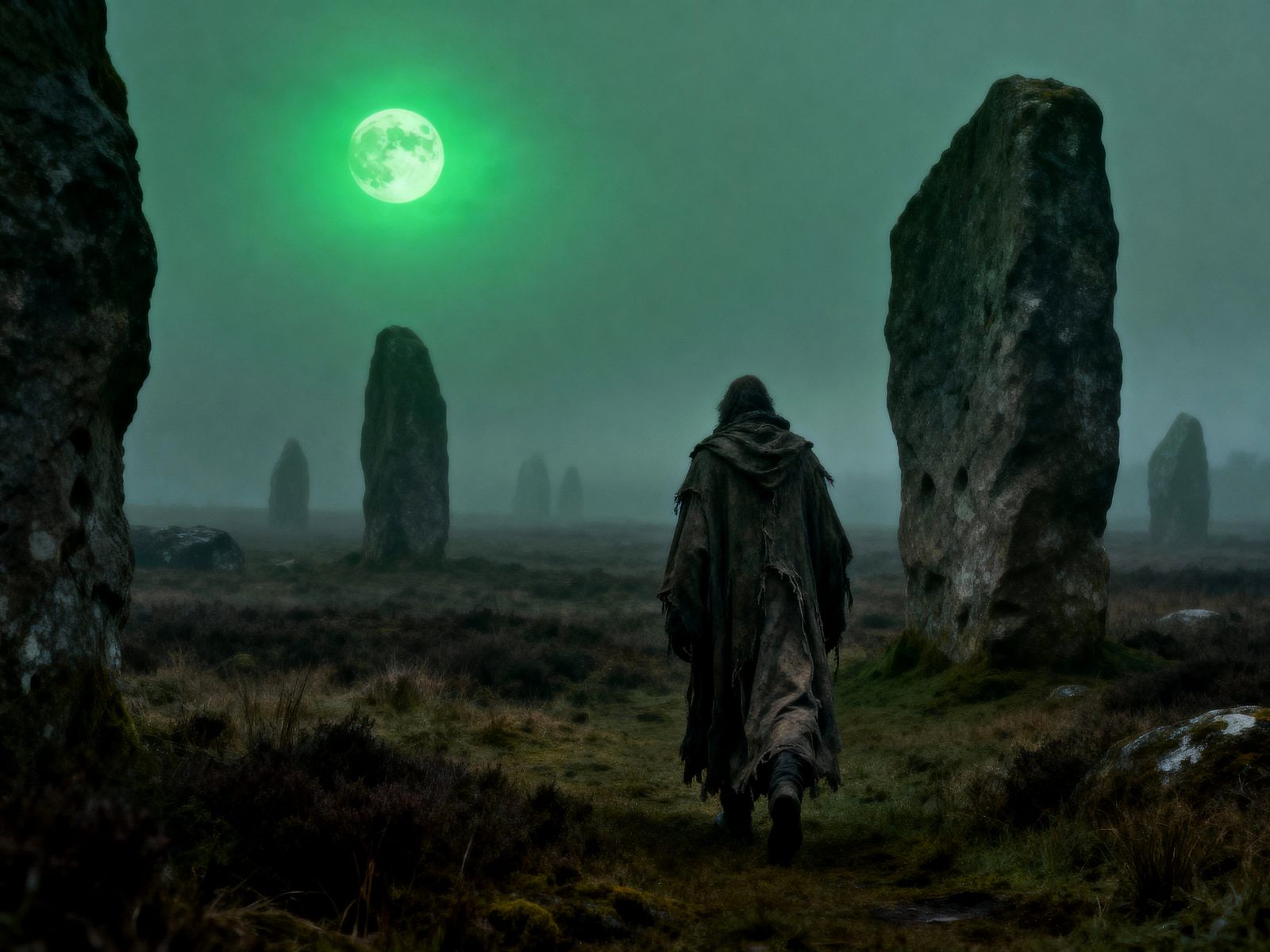 Solitary Figure on Foggy Moorland Under Sickly Green Moon