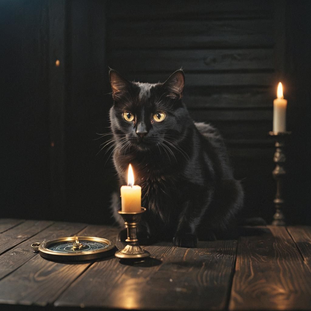 Dramatic Black Cat Portrait with Compass