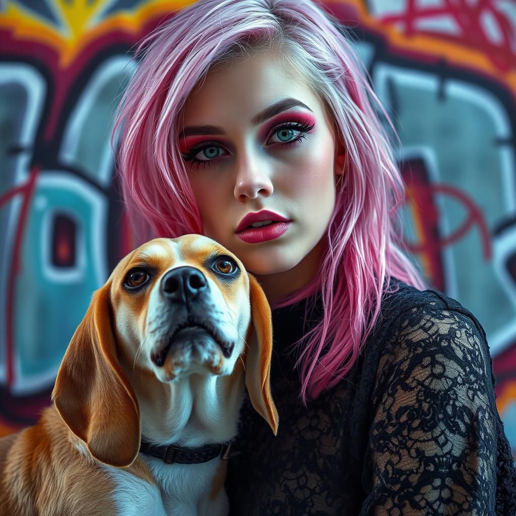 Woman with Pink Hair and Beagle: Hyperrealistic Portrait