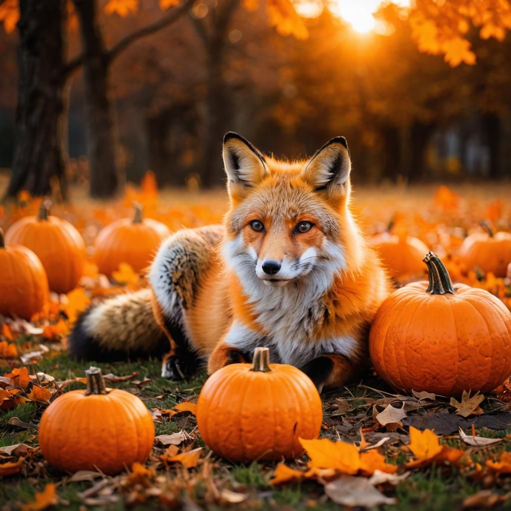 Fox in Autumn Sunset with Orange Pumpkin