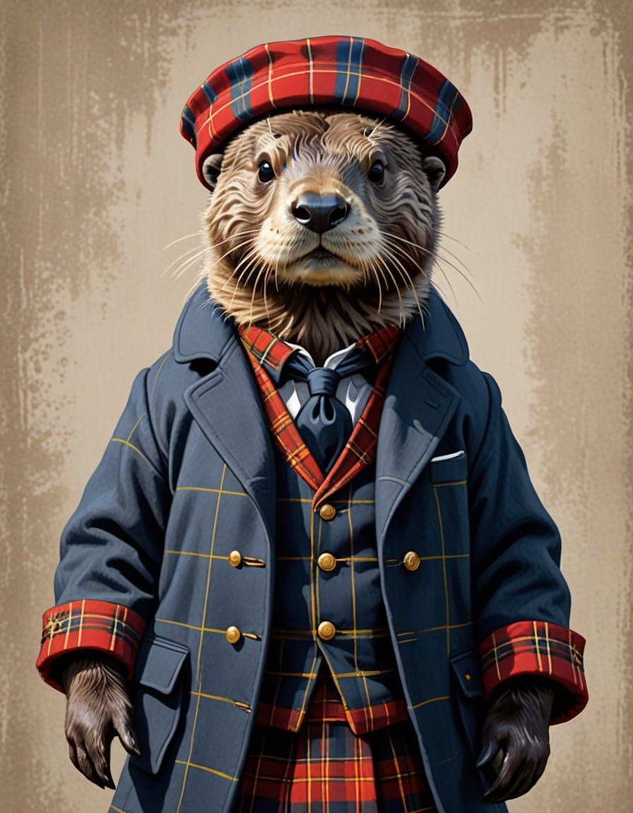 Sea Otter as Highland Scotsman in Tartan Outfit