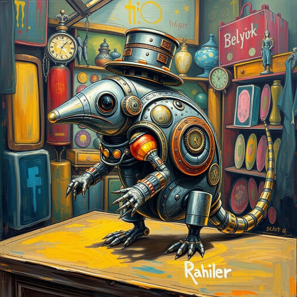 Whimsical Robot Armadillo in Vibrant Neo-Impressionist Scene