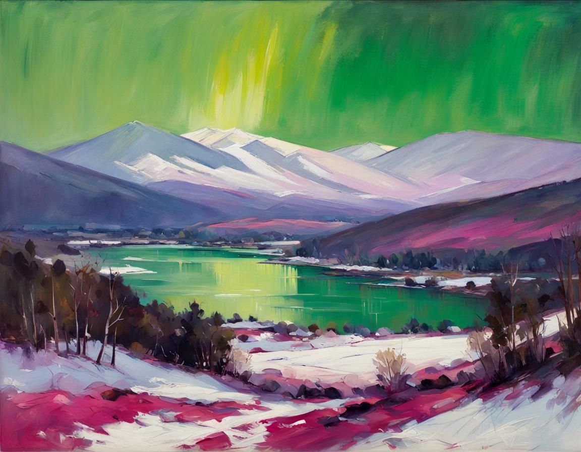 Aurora Borealis Landscape in Oil Painting Style