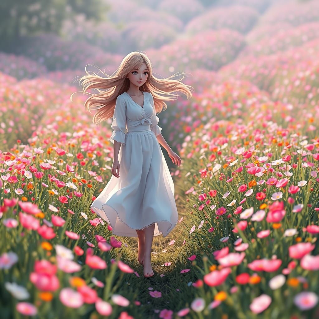 Barefoot Woman in Flower Field: Stylized 3D Anime Art