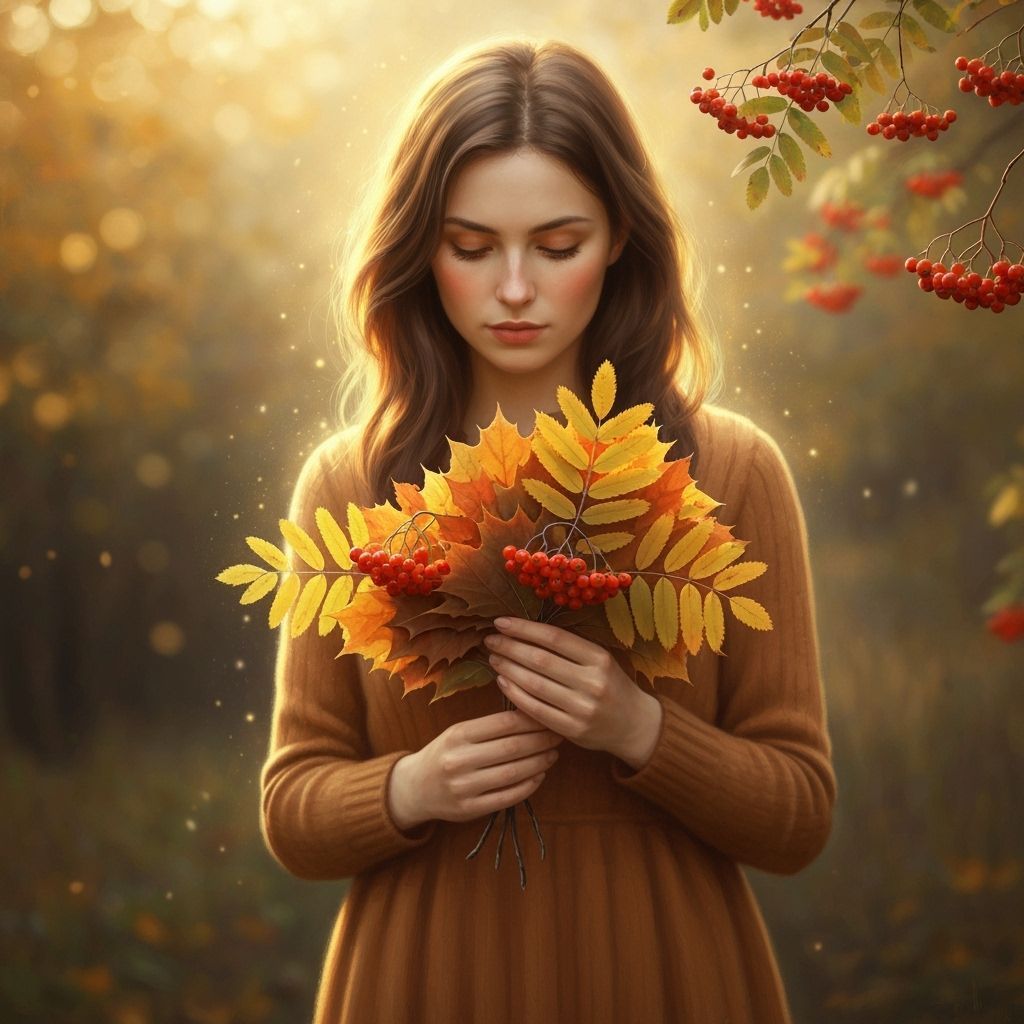 Woman Gathers Autumn Bouquet with Rowan Berries in Bokeh