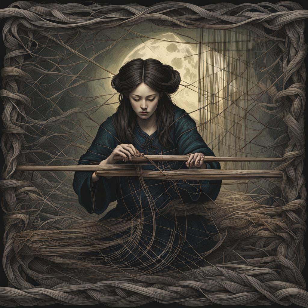 Dark Fantasy Woman Weaving a Mysterious Fate