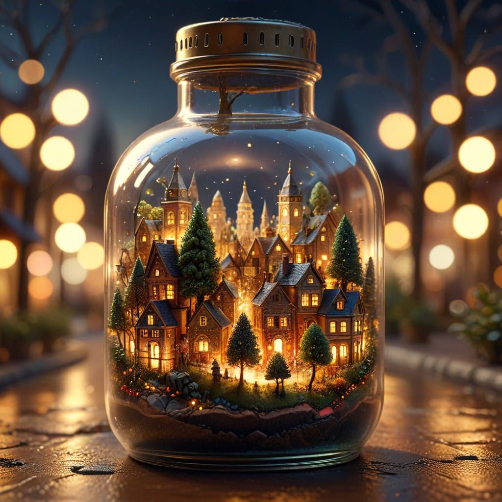 Miniature City in Glass Bottle: Vibrant Digital Art