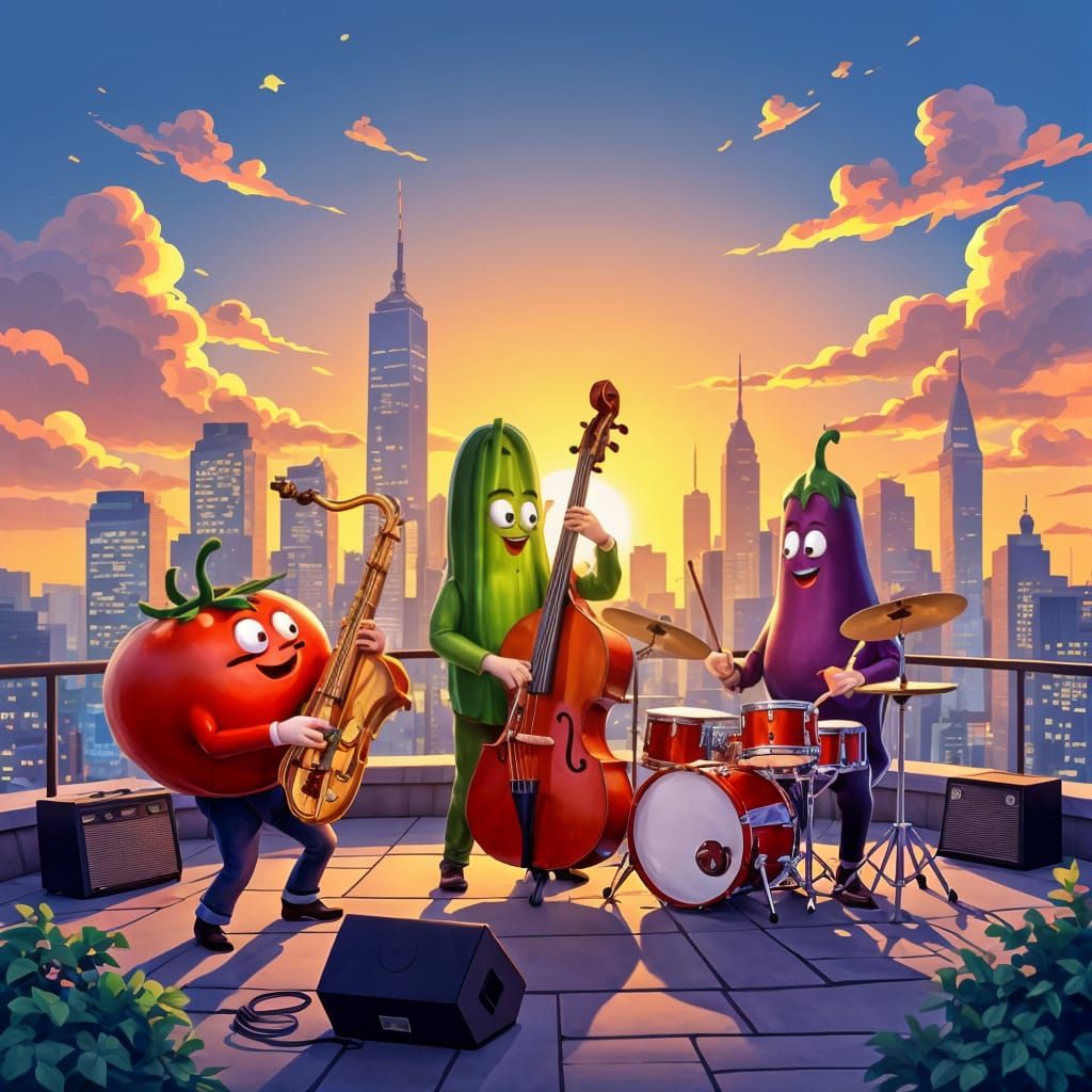 Vegetable Jazz Band on Rooftop at Sunset