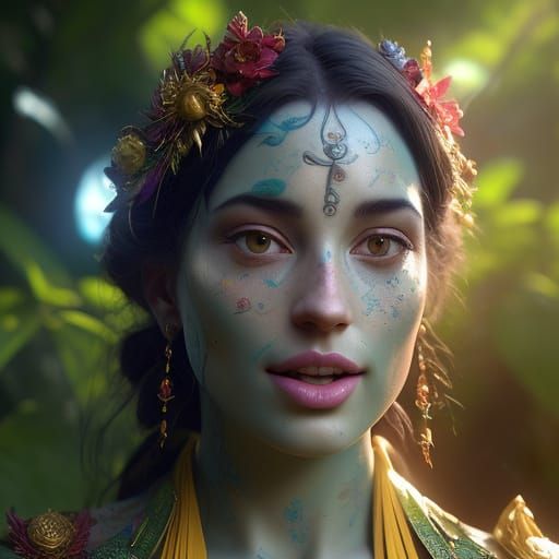 Serene Devotee in Vibrant Garden, Chanting Hare Krishna