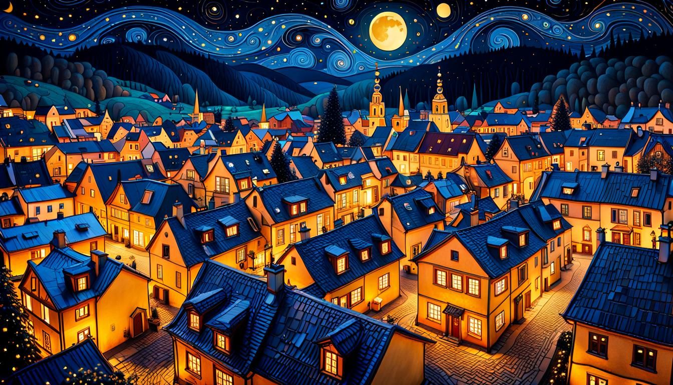 Night Village in Gustav Klimt Style