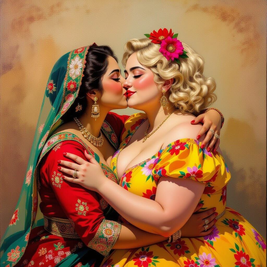 Women Embrace: Vibrant Colors and Expressive Strokes