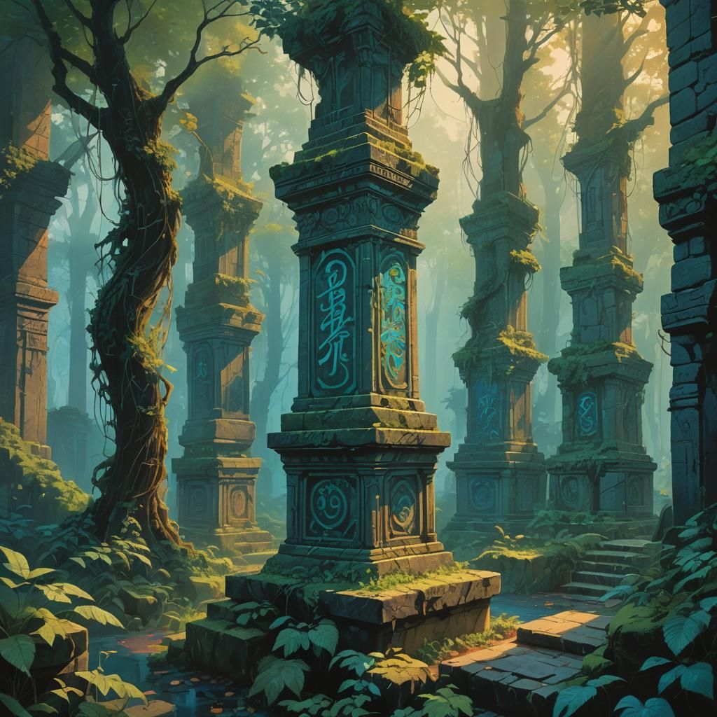 Mystical Forest Calligraphy in Atmospheric Digital Painting