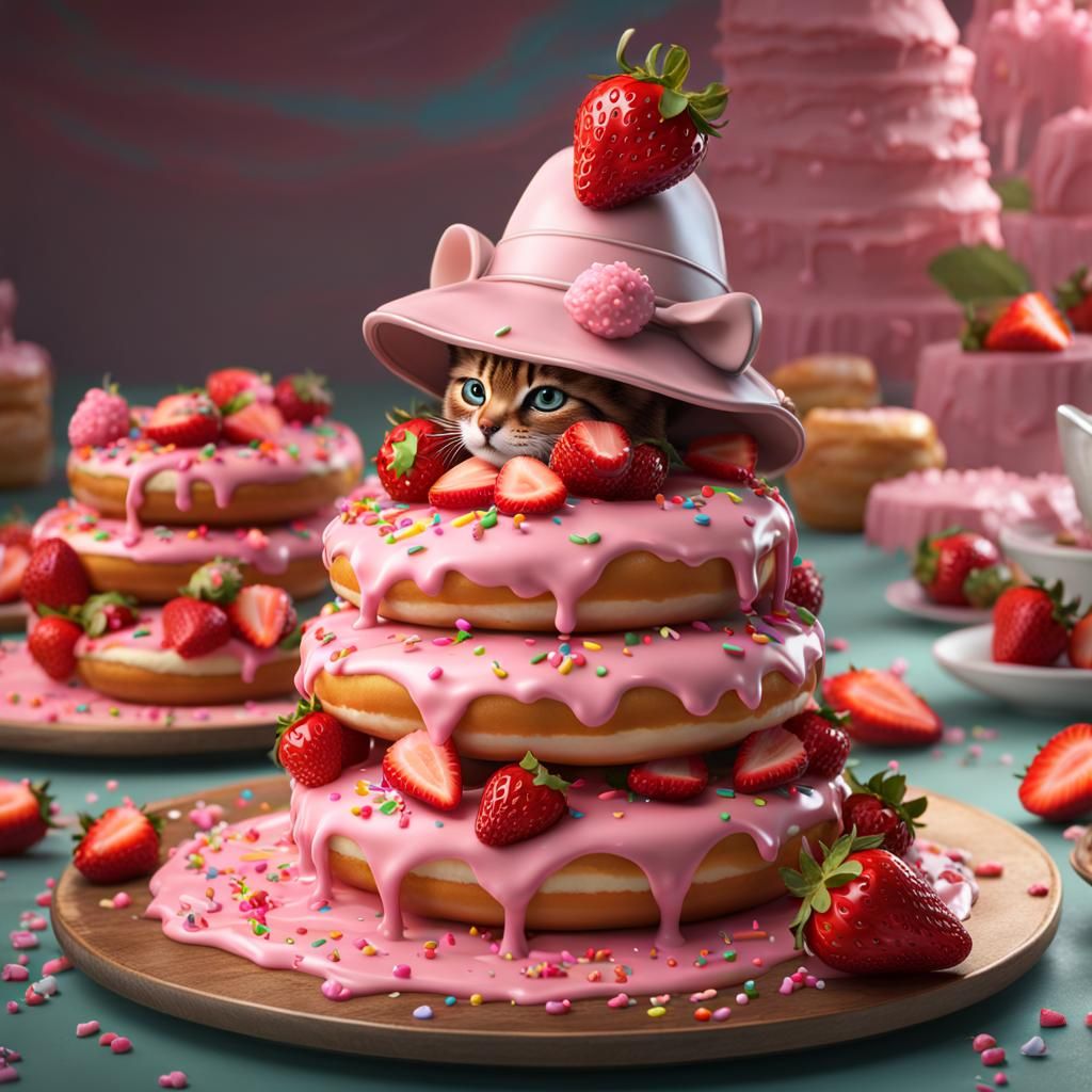 Tabby Cat Decorating Doughnuts, Detailed Digital Painting