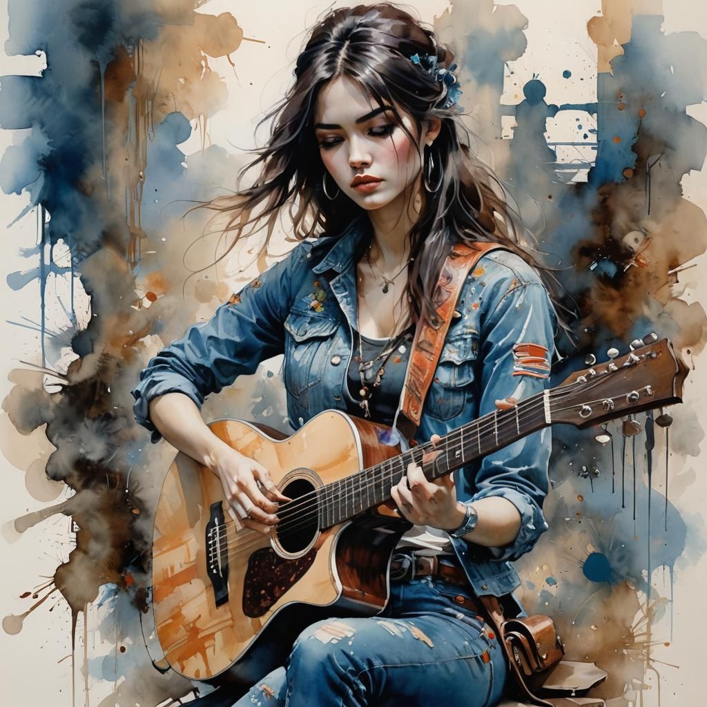 Whimsical Watercolor Girl with Guitar