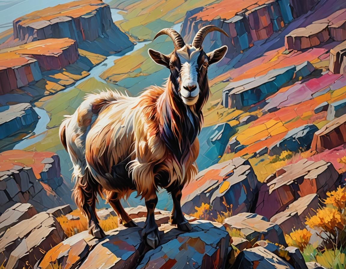 Goat Gazing at Landscape, Impasto Oil Painting