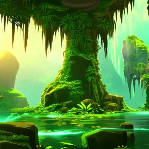 Mystical Swamp Game Level in Pablo Amaringo Style