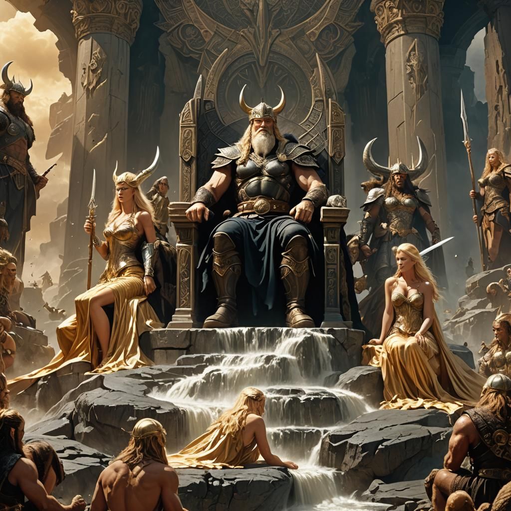 Odin sitting on his thrown in Valhalla, on each side of his ...
