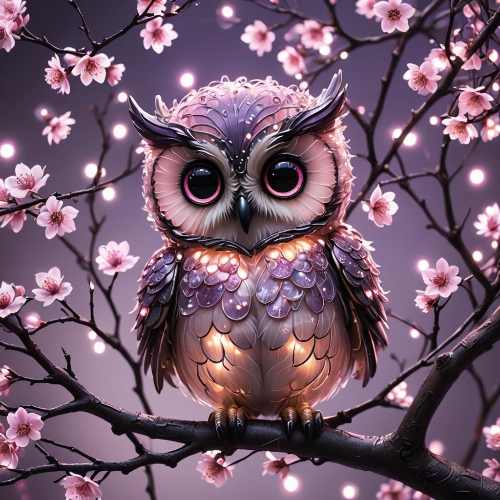 Cute Transparent Chibi Owl with Sakura Flowers