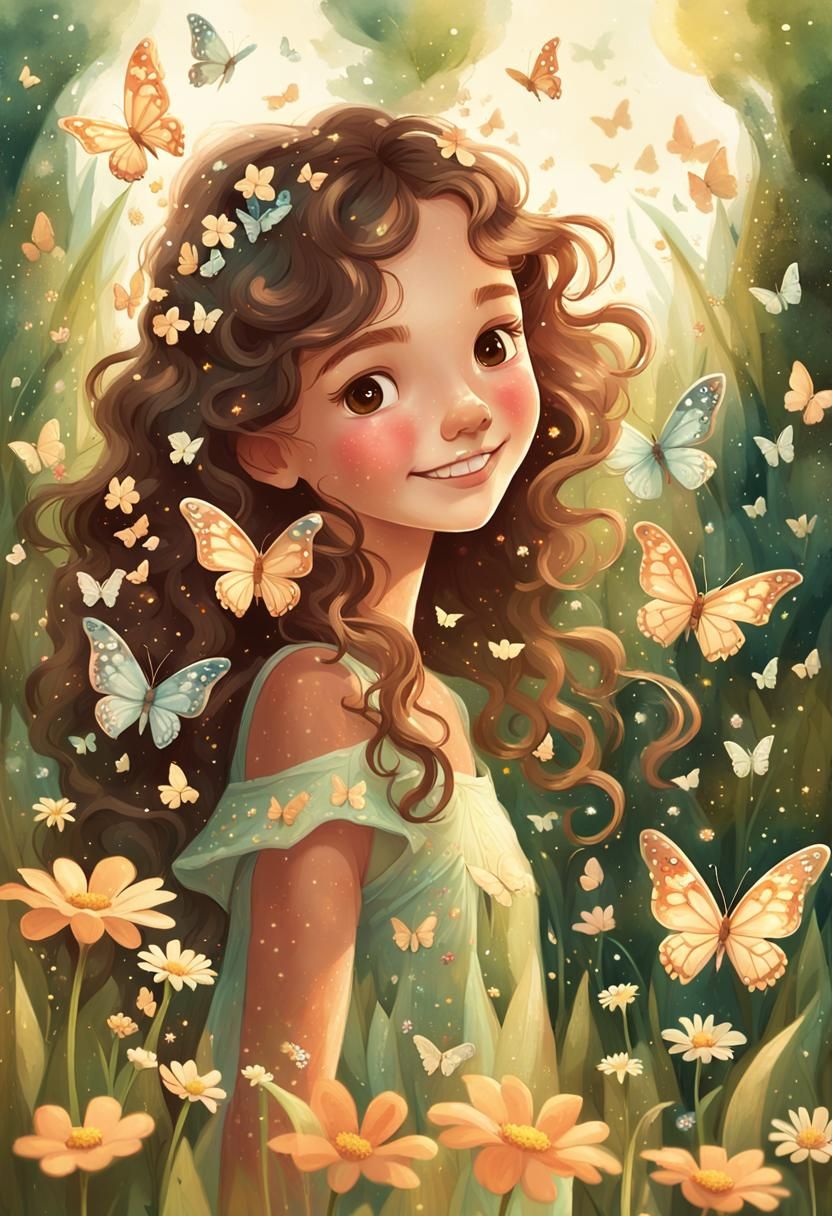 Girl in Meadow with Butterflies: Whimsical Illustration