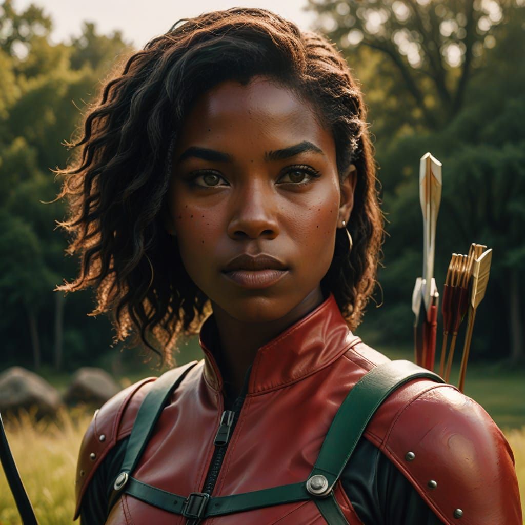 African-American Archer in Red Leather, Comic Book Style